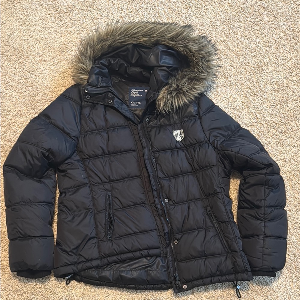 Black Puffer Jacket with Faux Fur Hood